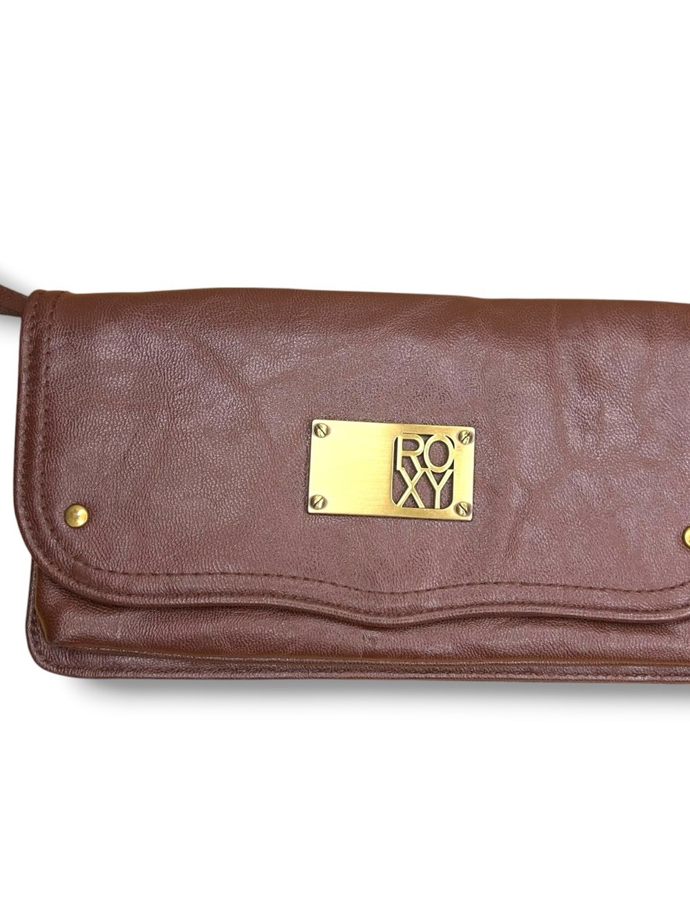 Roxy Brown Faux Leather Wallet Classic Womens Brass Tone Logo